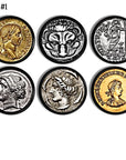Collection of 6 antique coin themed hand made furniture cabinet knobs inspired by rare currency from around the world.