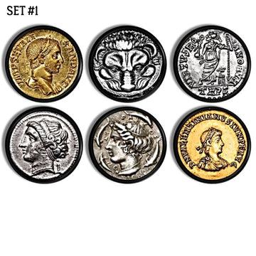 Collection of 6 antique coin themed hand made furniture cabinet knobs inspired by rare currency from around the world.