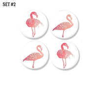 4 Piece decorative drawer pull set in a simple flamingo bird theme. Knobs in shades of coral and salmon on white for a minimalist tropical decor update.