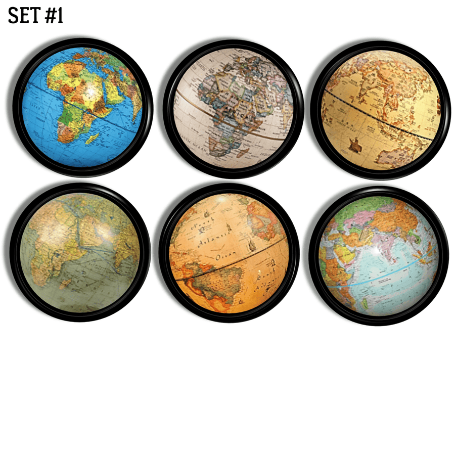 Six handmade world globe themed furniture drawer pulls. Knobs for office cabinets or dresser drawer handles.