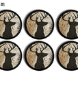 6 rustic buck head hunting theme cabinet knobs. Black deer silhouette on brown knotty wood. Pull handles for furniture drawer, cabinet door or wall hook.
