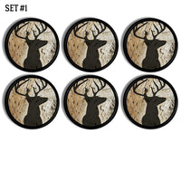 6 rustic buck head hunting theme cabinet knobs. Black deer silhouette on brown knotty wood. Pull handles for furniture drawer, cabinet door or wall hook.