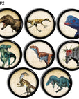 Eight handcrafted cabinet knobs featuring stylized dinosaur illustrations in parchment sketch style — showcasing a mix of feathered theropods, horned ceratopsians, and colorful prehistoric creatures. Perfect for educational drawer knobs in a paleontology-themed nursery or kids’ room.