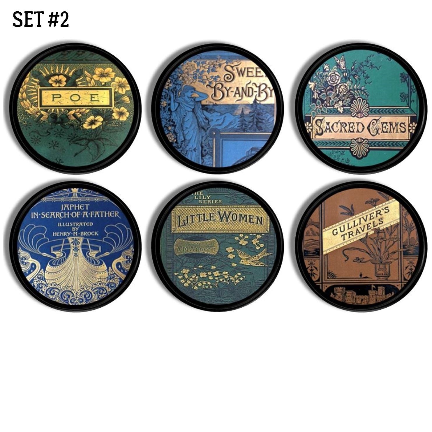 6 decorative knob hardware set in classic literature book cover art. Collection of works such as Poe, Littel Women, Gulliver&#39;s Travels and more.