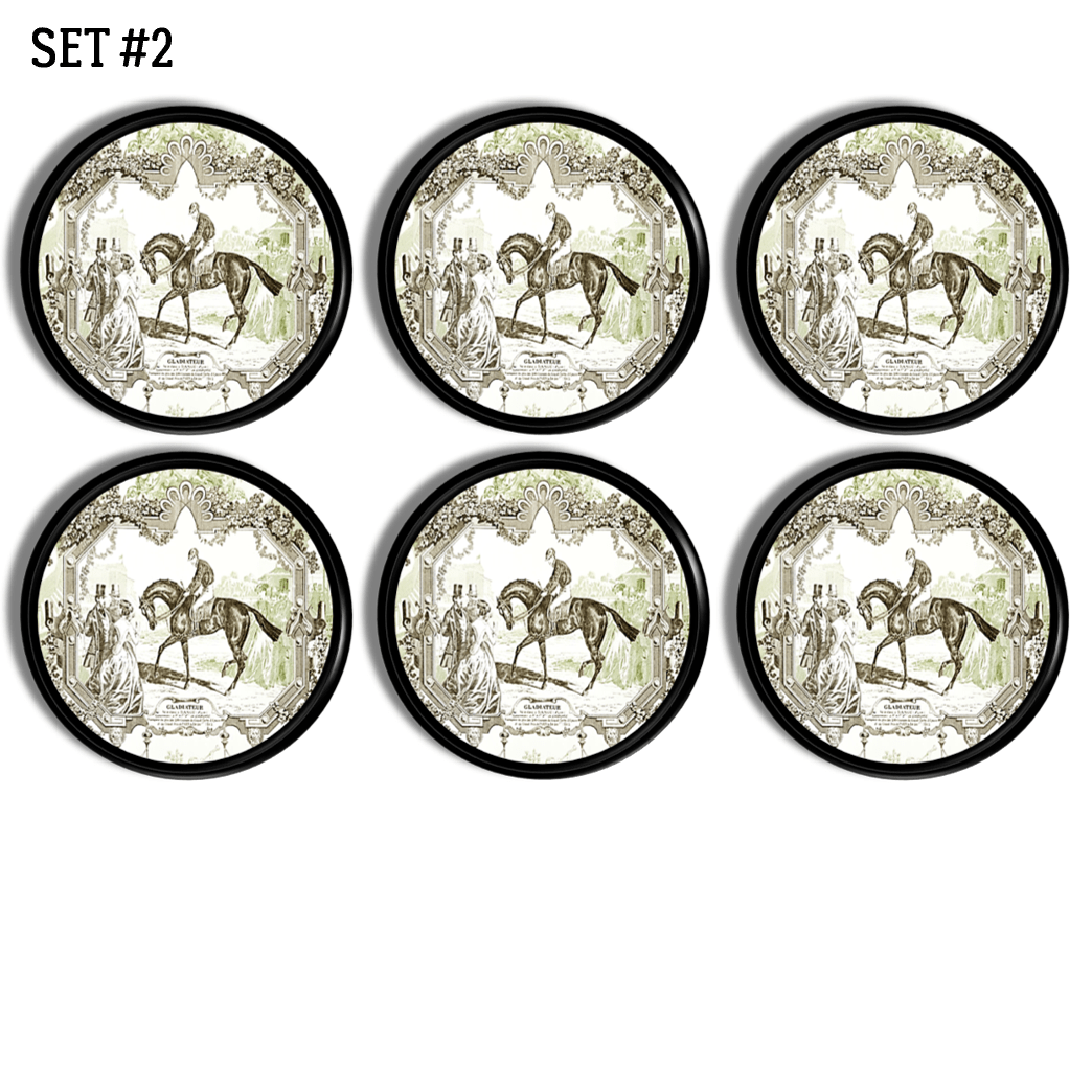 Vintage equestrian 6 piece knob set featuring green and black Toile illustrations of a horse and rider in a classic fox hunt scene.