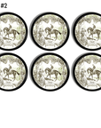 Vintage equestrian 6 piece knob set featuring green and black Toile illustrations of a horse and rider in a classic fox hunt scene.
