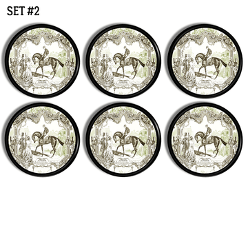 Handmade cabinet and drawer pull knobs decorated in an antique black and green equestrian fox hunt toile.