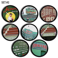 8 handmade vintage Boston baseball furniture knobs for Red Sox fans decorated with Yawkey Way, manual scorebaord, State Street Pavillion.