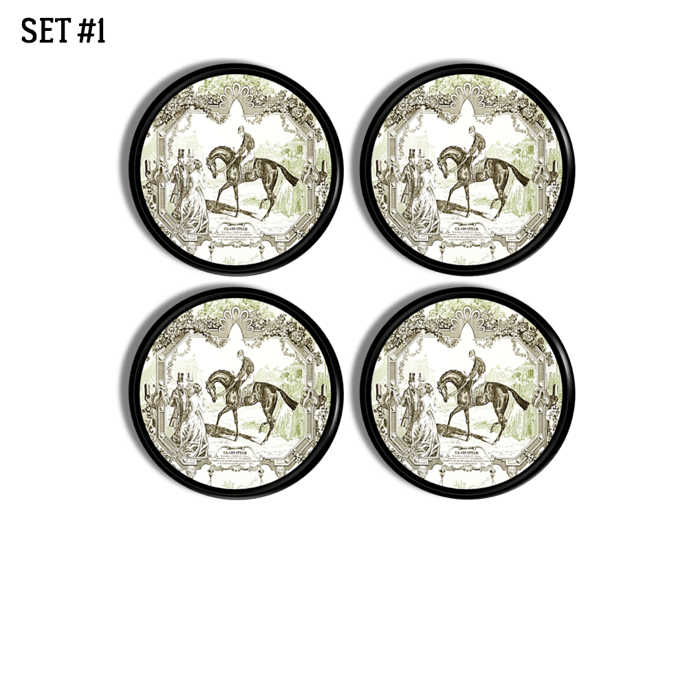 Green and black equestrian Toile knob set that adds a classic fox hunt touch to French, Colonial, or vintage countryside inspired décor.