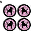 4 drawer pulls with black him her French poodles on bright hot pink white damask. Made on a black knob. Teen girl glam dresser or baby nursery decrative cabinet hardware.