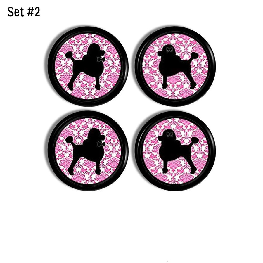 4 drawer pulls with black him her French poodles on bright hot pink white damask. Made on a black knob. Teen girl glam dresser or baby nursery decrative cabinet hardware.