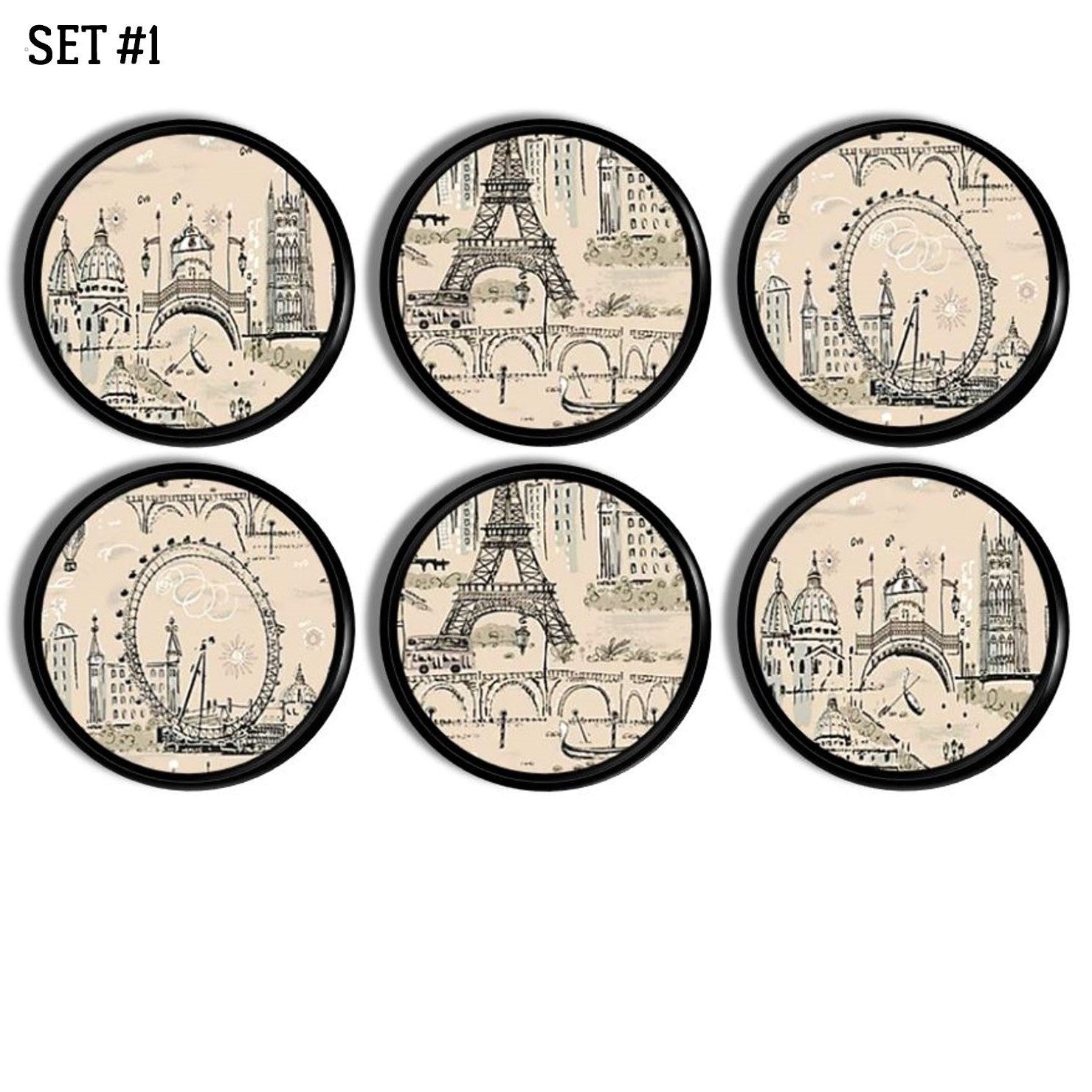 6 Holiday in Paris Handmade furniture knobs. Decorative drawer pulls in a pen &amp; ink toile artwork of French landmarks; Eiffel Tower, Notre Dame Cathedral.
