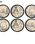 6 Holiday in Paris Handmade furniture knobs. Decorative drawer pulls in a pen & ink toile artwork of French landmarks; Eiffel Tower, Notre Dame Cathedral.
