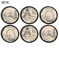 6 Holiday in Paris Handmade furniture knobs. Decorative drawer pulls in a pen & ink toile artwork of French landmarks; Eiffel Tower, Notre Dame Cathedral.