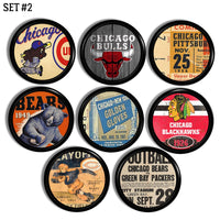 Vintage style Chicago sports team themed knobs for furniture and drawers. Eight piece handmade set.