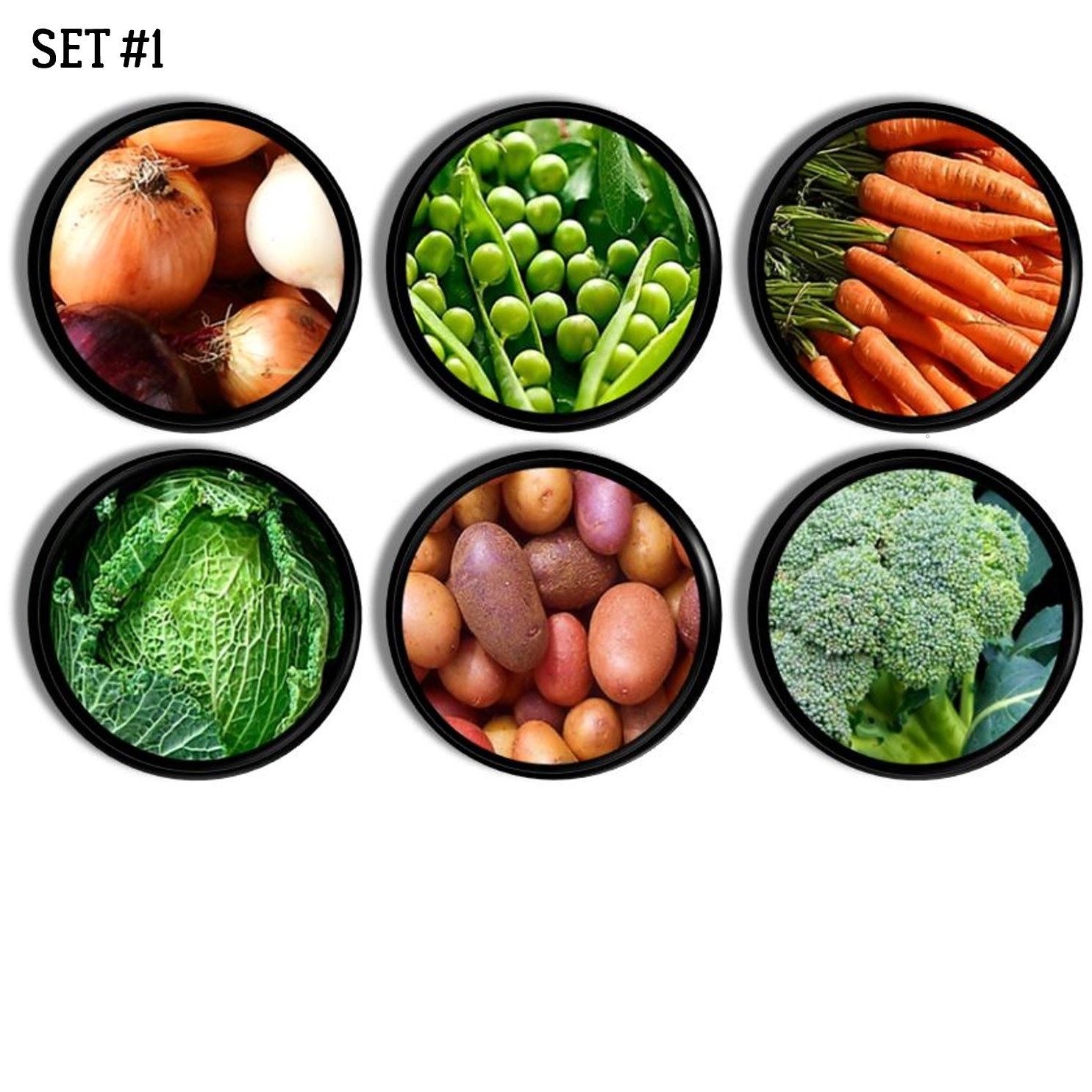 Set of 6 kitchen cabinet handle knobs in fresh vegetable harvest theme. Homestead farm garden drawer pulls in carrots, potatoes, onions, cabbage, peas and broccoli