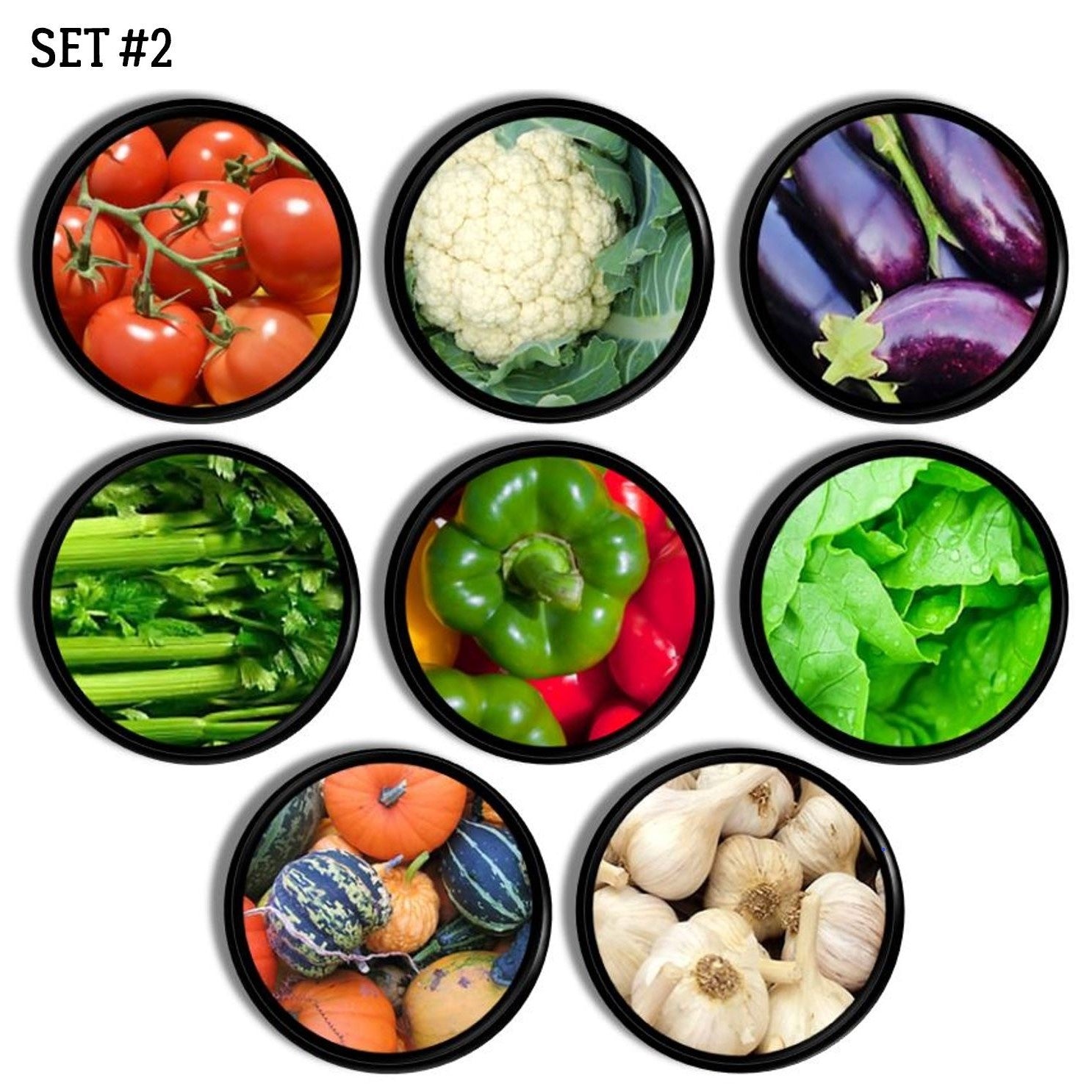 Set of 8 handmade kitchen knobs in vegetable garden theme. Colorful images of tomatoes, celery, green pepper, squash, garlic, lettuce and eggplant.
