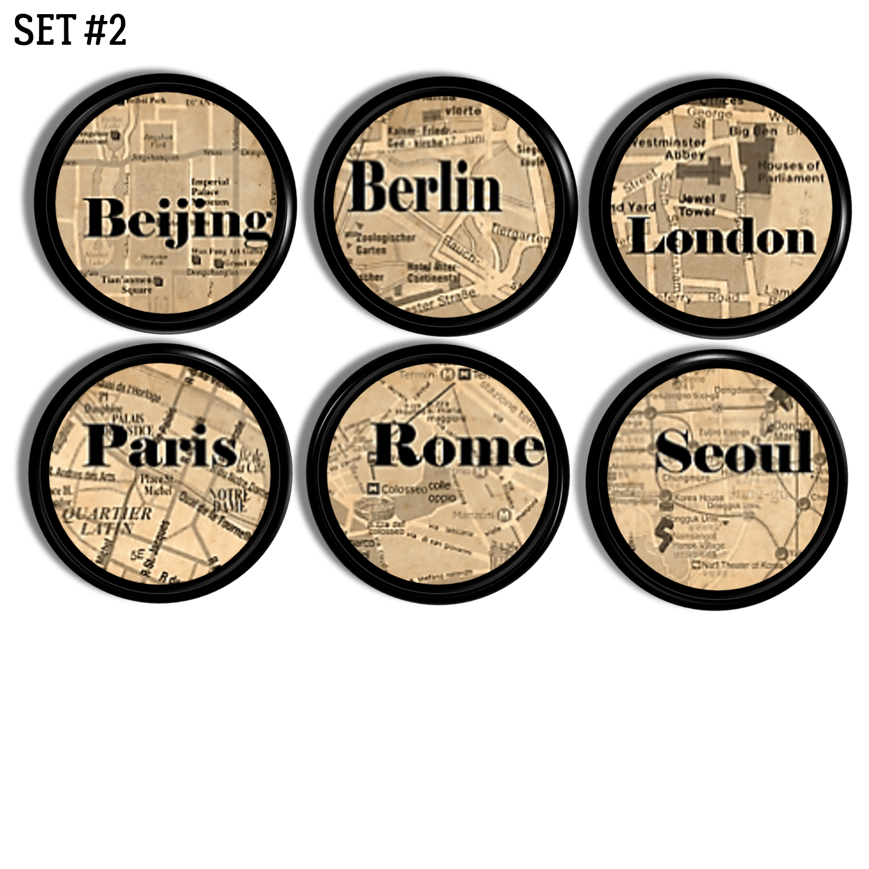 Set of six global capital city map knobs showcasing Beijing, Berlin, London, Paris, Rome, and Seoul, designed with vintage sepia cartography and bold modern lettering.