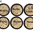Set of six global capital city map knobs showcasing Beijing, Berlin, London, Paris, Rome, and Seoul, designed with vintage sepia cartography and bold modern lettering.