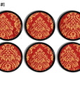 6 gold and red damask furniture drawer pulls on a black knob. Distressed, faded antique style.