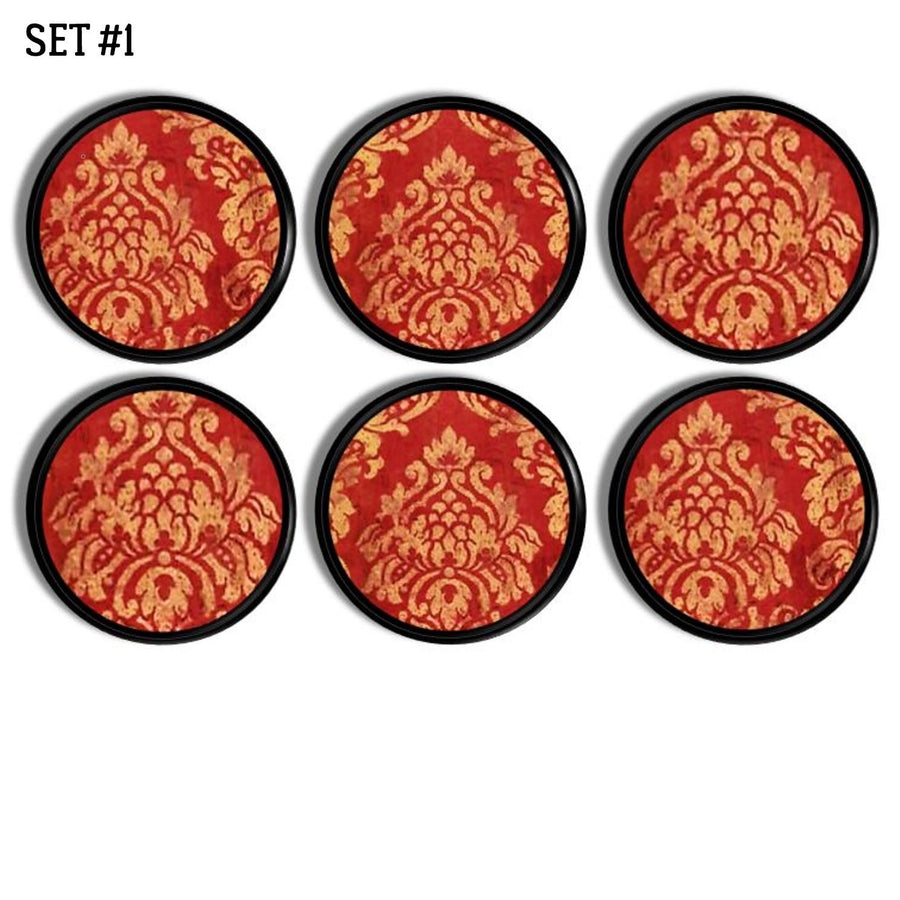 6 gold and red damask furniture drawer pulls on a black knob. Distressed, faded antique style.