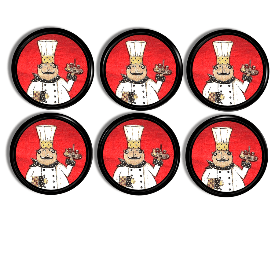 6 Frech or Itanian decor handmade furniture drawer pulls. Whimsical fat chef motif with red background
