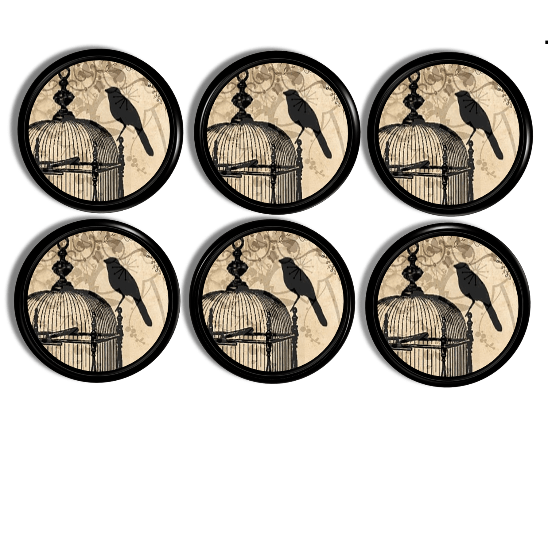 Six gothic raven cabinet knobs featuring a blackbird perched on an antique birdcage with vintage parchment detailing, perfect for Victorian, steampunk, and dark academia décor.