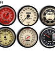 Six Vintage car and motorcycle speedometer theme cabinet knobs. Colors are red, black, and tan.