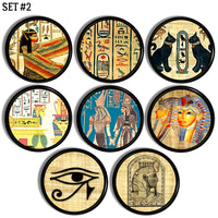 Handmade cabinet knobs in Egyption hieroglyphic art with Pharaoh, cats and symbols.