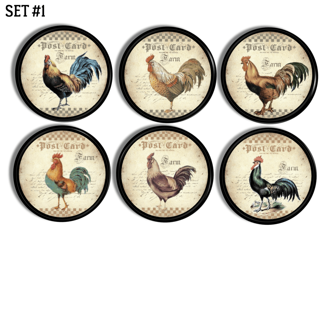 Colorful French Rooster and Chicken Themed Drawer Pulls made on a black base knob for kitchen cabinets, cupboards or drawers