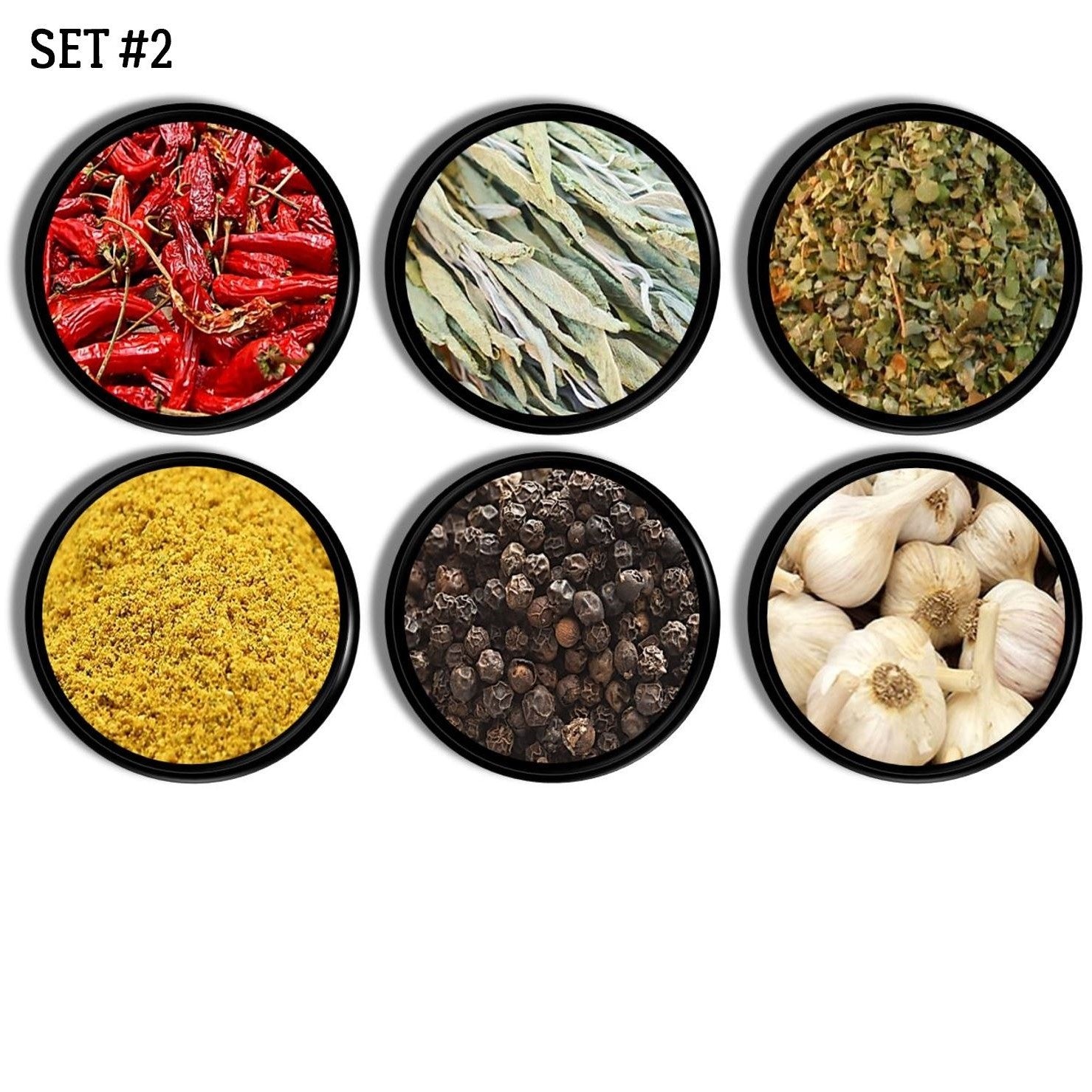 Six black knobs featuring bold spice and herb artwork. Includes red chili peppers, sage leaves, oregano, turmeric, black peppercorns, and garlic bulbs. Handcrafted drawer pulls for rustic kitchen or pantry cabinet décor.