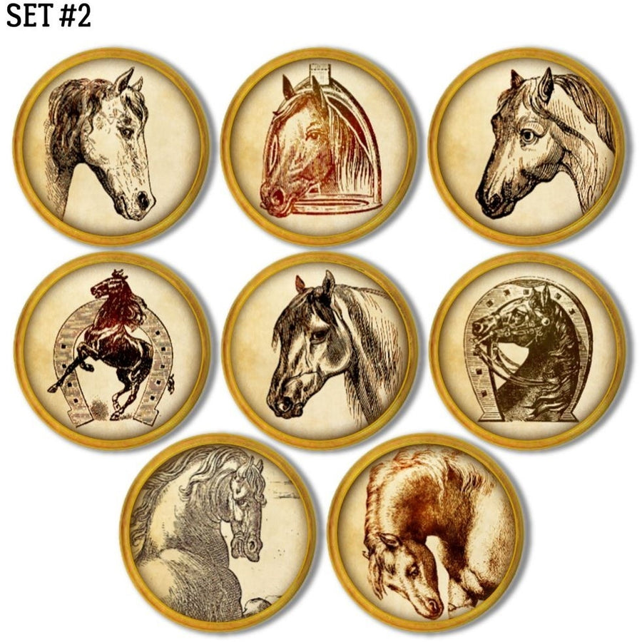 Eight handmade wood knobs decorated with various horse sketchings. Western themed furniture hardware.