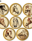 Cabinet and drawer knobs made in a horse theme for kids cowboy room or farm animal baby nursery furniture.