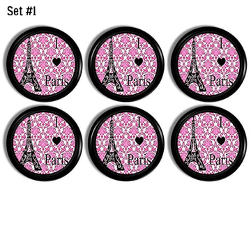 I love Paris Eiffel Tower theme furniture knob set. Hot pink white damask on black drawer pull. Shabby chic French cabinet handles.