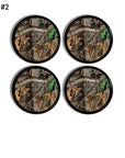 4 Dresser drawer pulls in brown, gold and green tree camouflage print for outdoor theme man cave. Hunting camo knobs for rustic cabinet hardware.