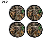 4 Dresser drawer pulls in brown, gold and green tree camouflage print for outdoor theme man cave. Hunting camo knobs for rustic cabinet hardware.