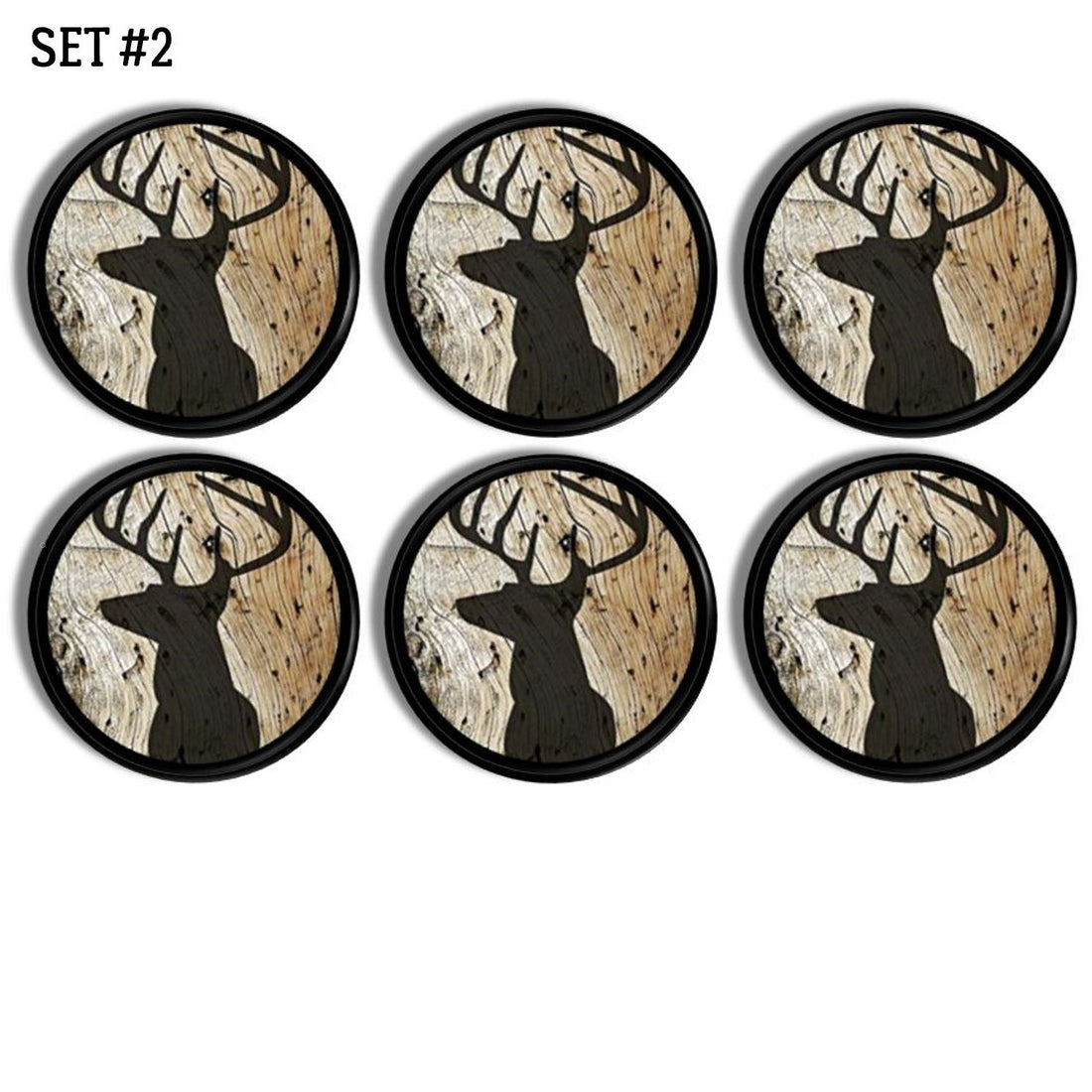 6 Buck theme dresser drawer pulls. Shadow of stag with antlers on rustic distressed woodgrain. Deer hunting knobs for man cave cabinet, home bar cupboard or furntiture.