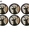 6 Buck theme dresser drawer pulls. Shadow of stag with antlers on rustic distressed woodgrain. Deer hunting knobs for man cave cabinet, home bar cupboard or furntiture.