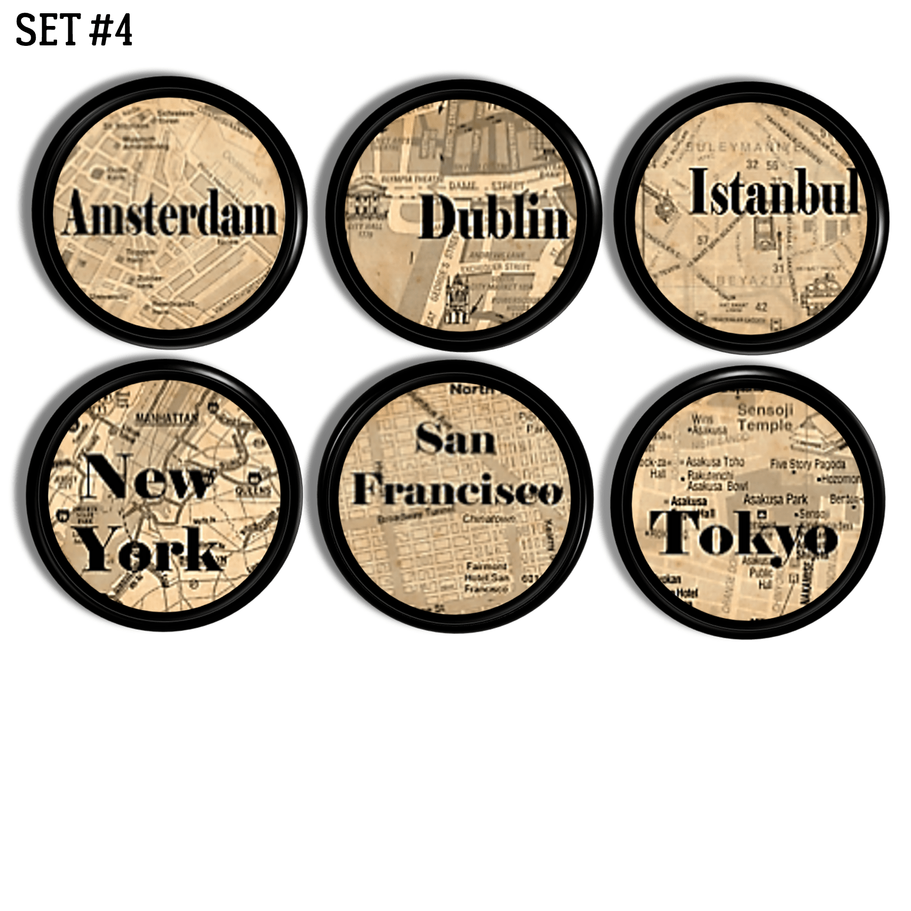 Set of six iconic world city map knobs and drawer pulls featuring Amsterdam, Dublin, Istanbul, New York, San Francisco, and Tokyo, designed with antique sepia maps and bold black lettering for an eclectic vintage travel décor look.