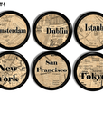 Set of six iconic world city map knobs and drawer pulls featuring Amsterdam, Dublin, Istanbul, New York, San Francisco, and Tokyo, designed with antique sepia maps and bold black lettering for an eclectic vintage travel décor look.