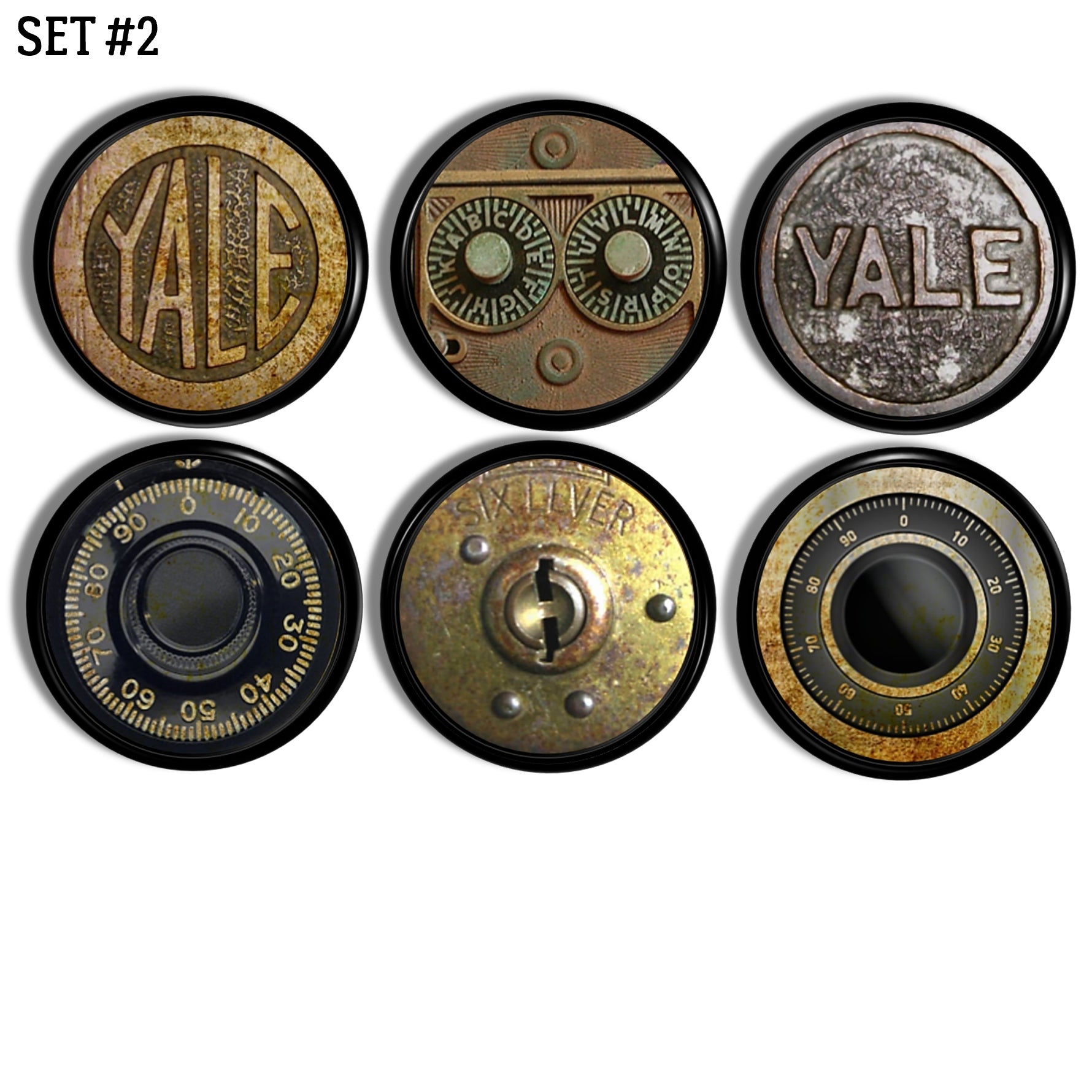 Industrial cabinet knobs with vintage lock dial graphics, featuring aged metal detailing and steampunk‑inspired mechanical motifs for workshop décor, factory‑style cabinetry, and creative furniture upgrades