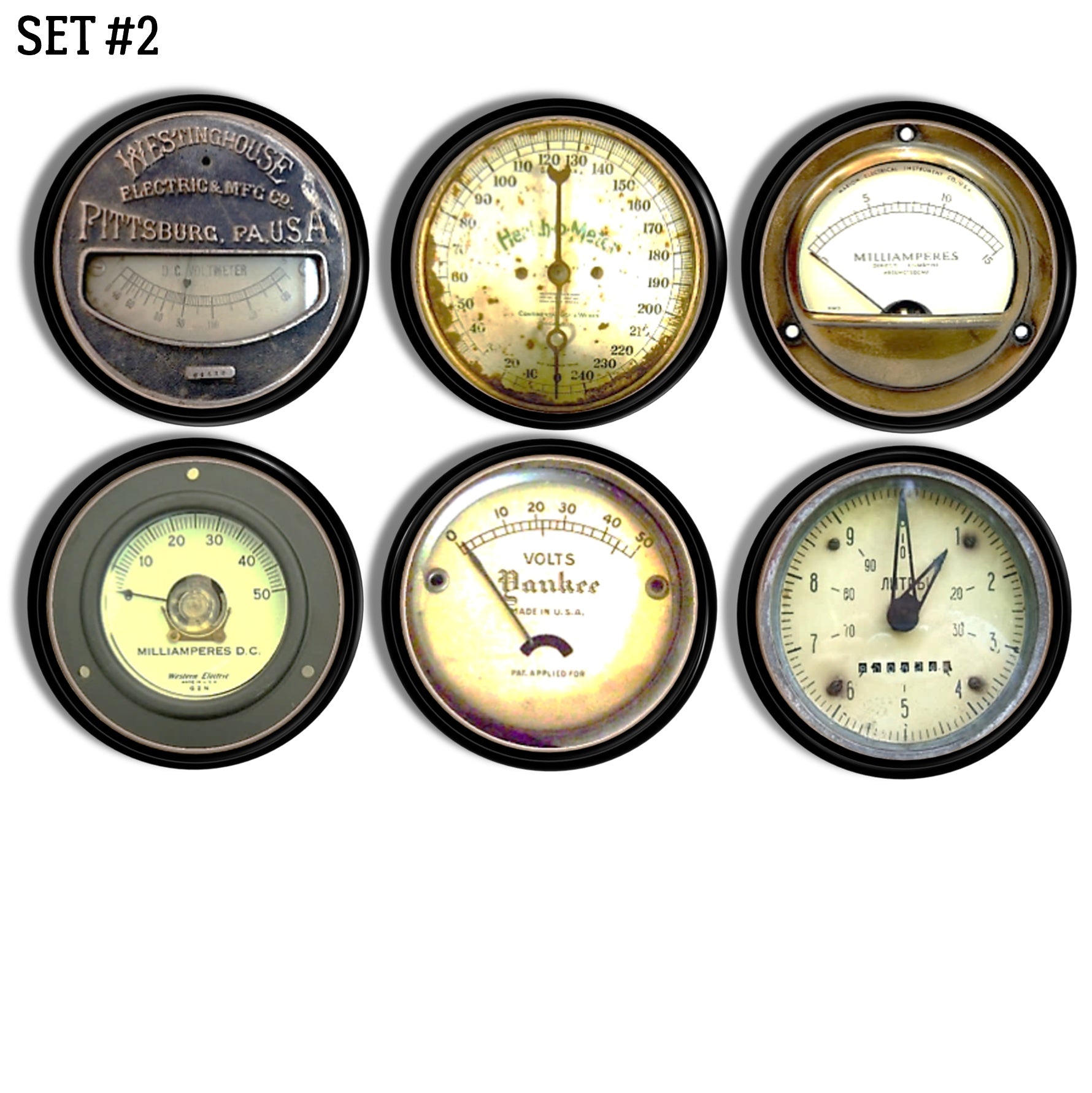 Industrial cabinet knobs featuring mixed vintage gauge faces inspired by early electrical meters, temperature dials, and workshop instruments, ideal for steampunk décor, studios, and reclaimed‑factory furniture