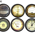 Industrial cabinet knobs featuring mixed vintage gauge faces inspired by early electrical meters, temperature dials, and workshop instruments, ideal for steampunk décor, studios, and reclaimed‑factory furniture