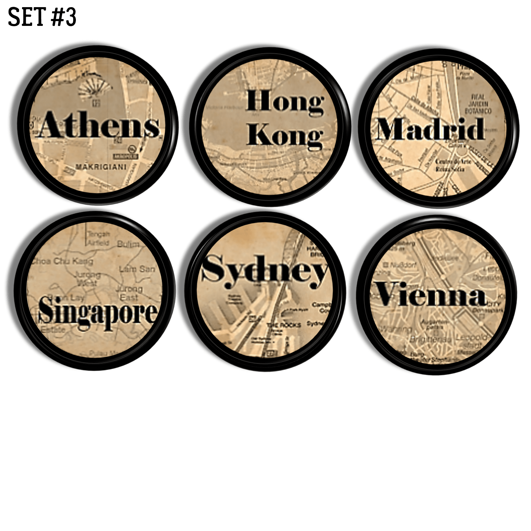 Set of six international destination map knobs featuring Athens, Hong Kong, Madrid, Singapore, Sydney, and Vienna, designed with vintage atlas styling and warm sepia map details.