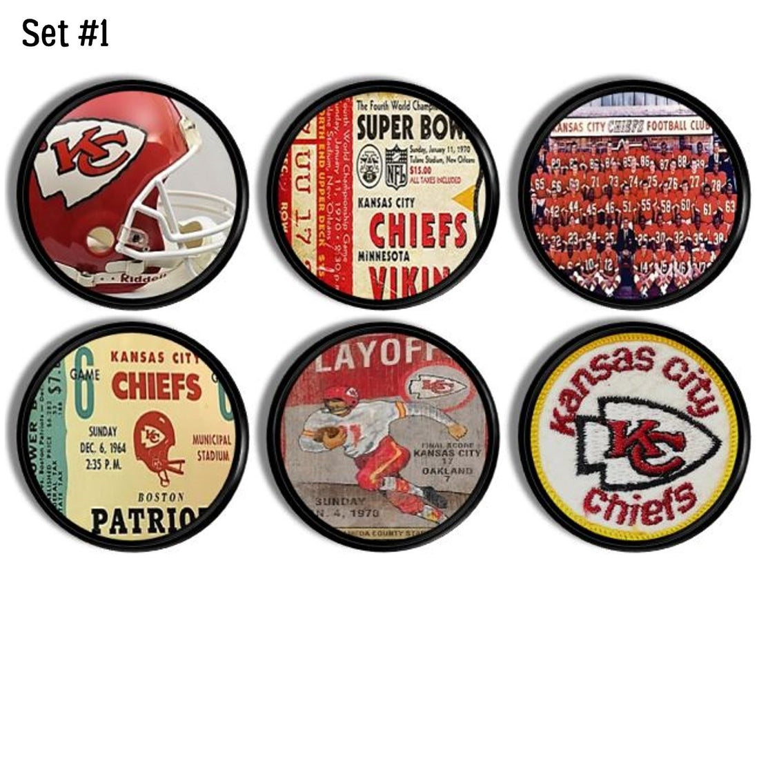 6 Decorative cabinet door knobs featuring vintage Kansas City Chiefs football team. Furniture drawer pull set for antique sports decor.