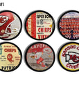6 Decorative cabinet door knobs featuring vintage Kansas City Chiefs football team. Furniture drawer pull set for antique sports decor.