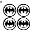 Set of decorative drawer pull hardware are handmade with a black batman symbol on a white background.