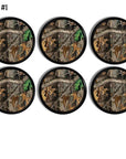 6 Decorative cabinet knobs in leaf and limb tree camouflage print. Hunting camo dresser drawer pull in brown, gold and green.