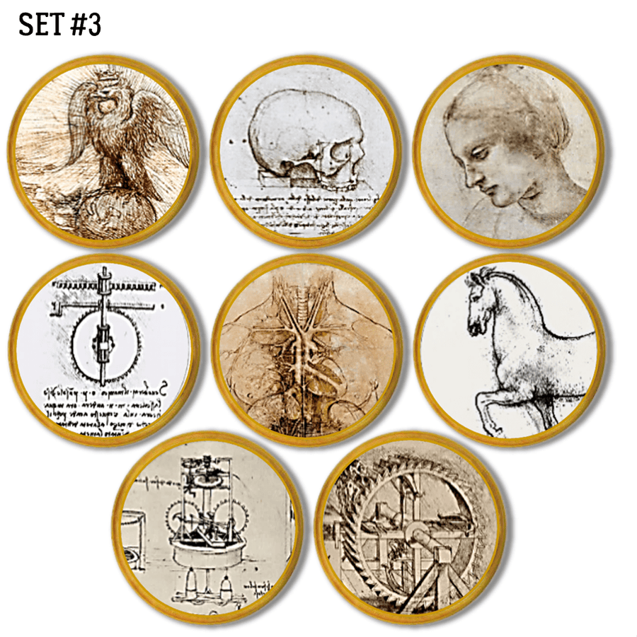 Collection of eight Leonardo Da Vinci Renaissance Art knobs. Drawer pulls made on natural wood. Subjects include invention note illustrations, female portrait, animal sketchings and anatomical drawings. 