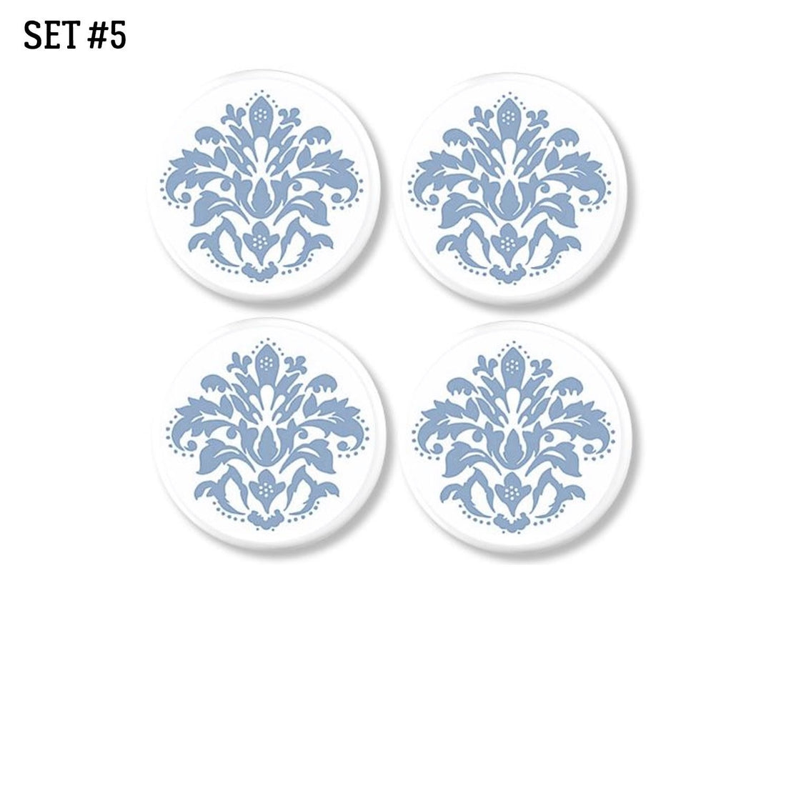 4 Light blue leaf floral damask print knobs on white. Furniture drawer pulls in pastel color for baby nursery or bathroom.